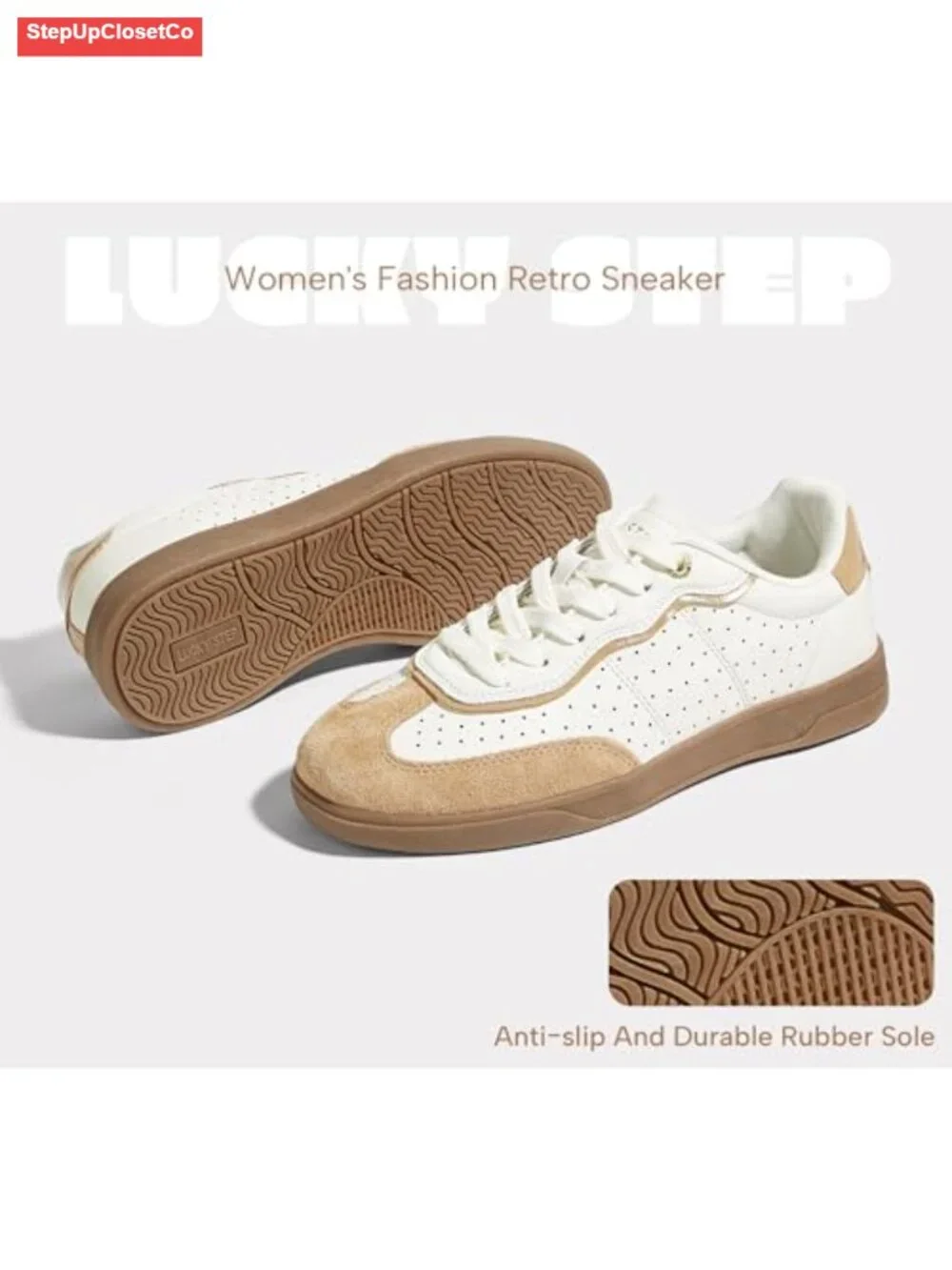 Lucky Step Women's Retro Court Sneakers Low Top Lace-Up Suede Toe Cap Casual